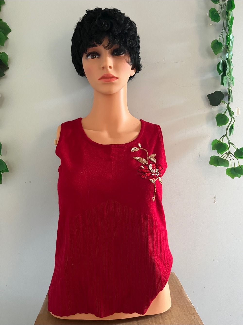 Emma James Cherry Red Sleeveless Knit Tank with Gold Floral Embroidery